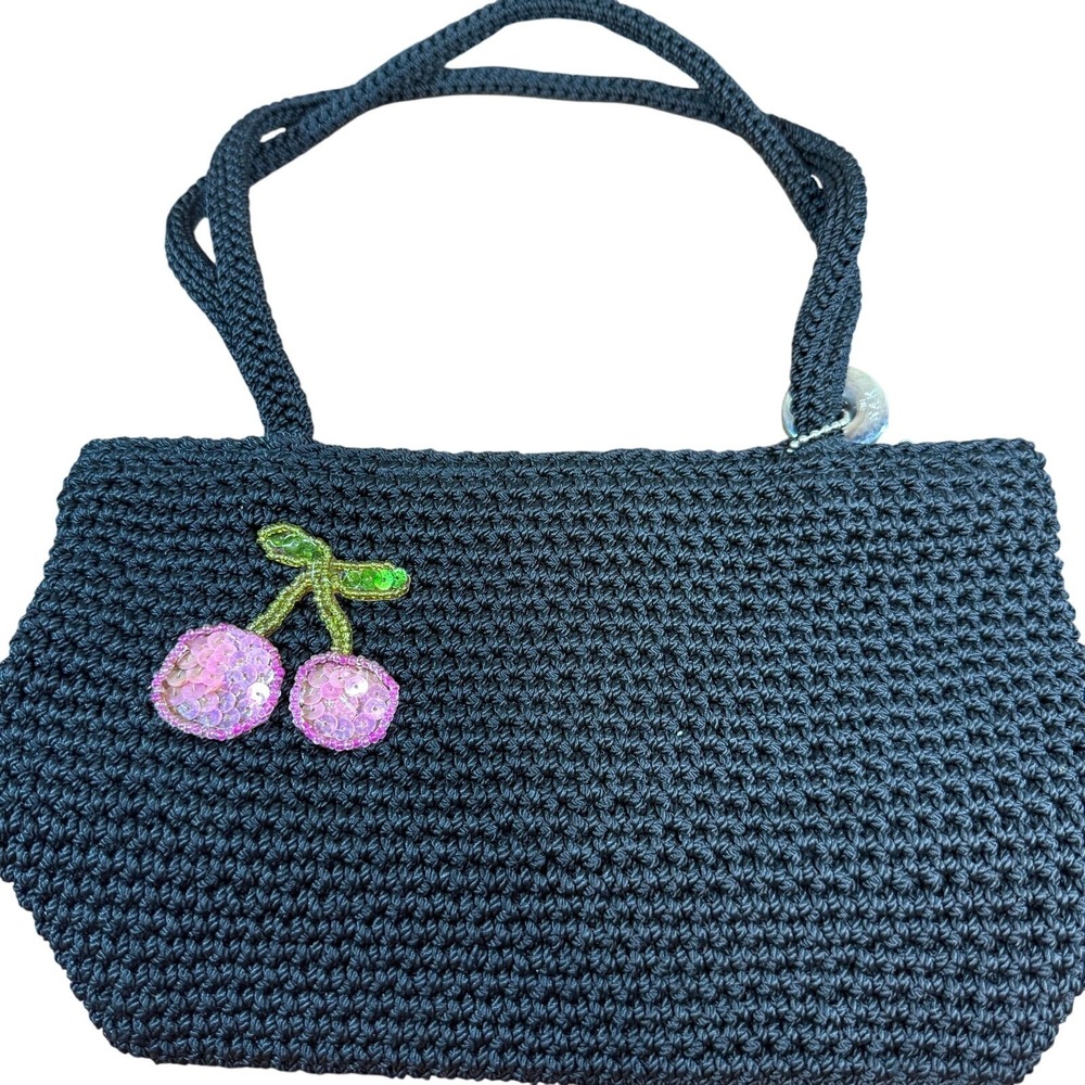 Black Crochet Shoulder Bag with Pink Sequin Cherry Accent